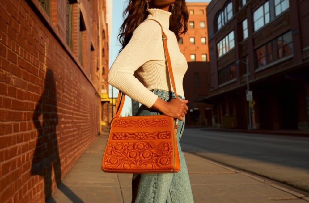 Generated leather bag photo in urban setting