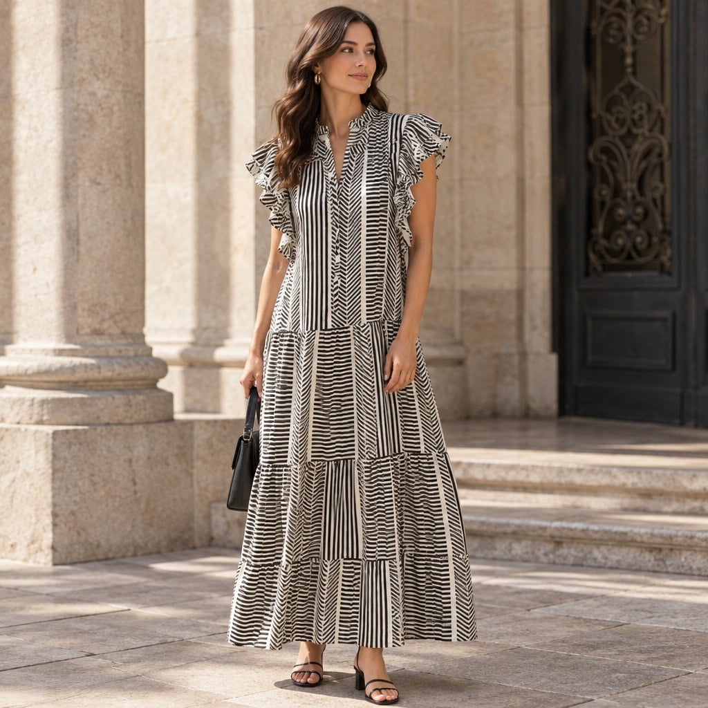 The same striped dress worn on location outside a stone building